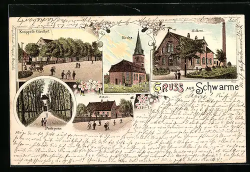 Lithographie Schwarme, Knüppel`s Gasthof, Molkerei, Kirche und Schule, Postagentur