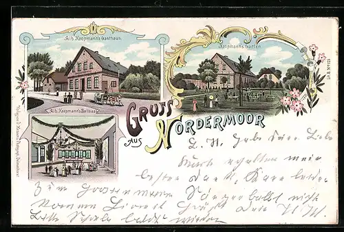 Lithographie Nordermoor, Alb. Koopmann`s Gasthaus, Koopmann`s Garten