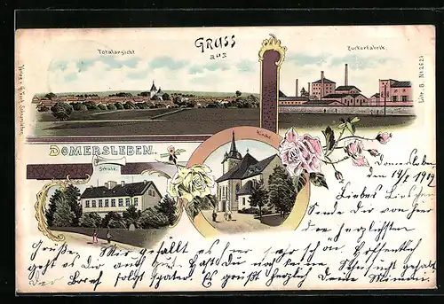 Lithographie Domersleben, Schule, Zuckerfabrik, Kirche