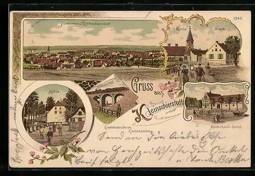 Lithographie Kleinschierstedt / Aschersleben, Gasthof Messerschmidt, Mühle, Kirche u. Schule