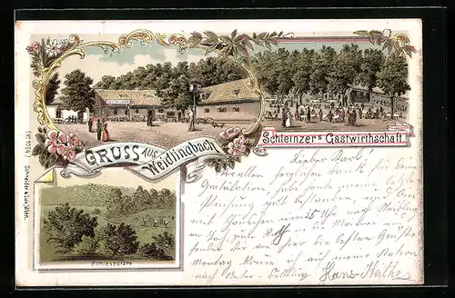 Lithographie Weidlingbach, Schleinzer`s Gasthaus, Schiessstätte