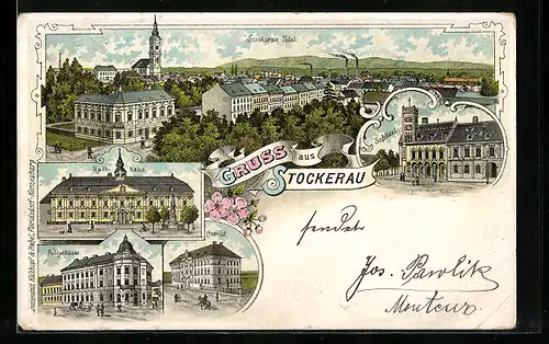 Lithographie Stockerau, Rathaus, Post, Schlössl