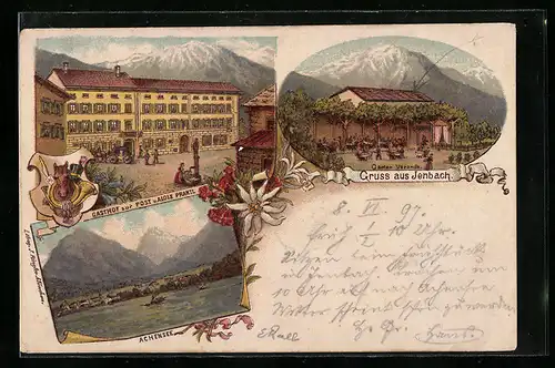 Lithographie Jenbach, Gasthof zur Post, Achensee, Garten Veranda