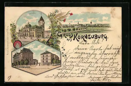 Lithographie Korneuburg, F. M. Erzhalbrecht Kaserne, Rathaus, Ortsansicht von Süden
