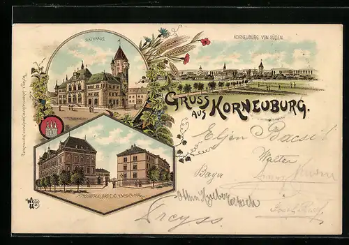 Lithographie Korneuburg, Erzherzog Albrecht-Kaserne, Rathaus, Ortsansicht von Süden, Wappen