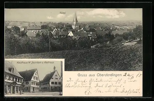 AK Oberderdingen, Kaufhaus W. Jourdan und Rathaus, Totalansicht