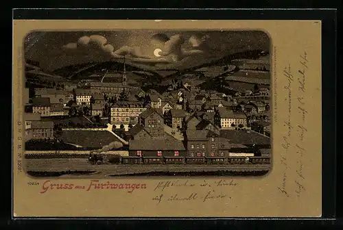 Mondschein-Lithographie Furtwangen, Teilansicht mit Kirche