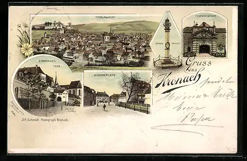 Lithographie Kronach, Festungstor, Marienplatz, Bamberger Tor