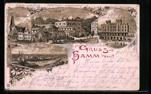 Lithographie Hamm i. Westf., Kurhaus, Ständehaus, Bahnhof