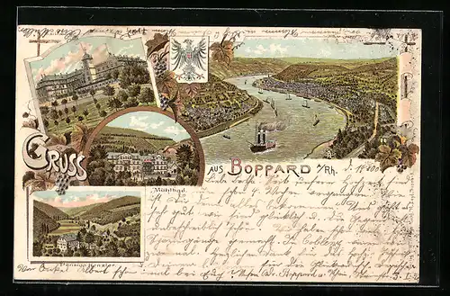 Lithographie Boppard a. Rh., Pension Henzler, Mühlbad, Marienberg