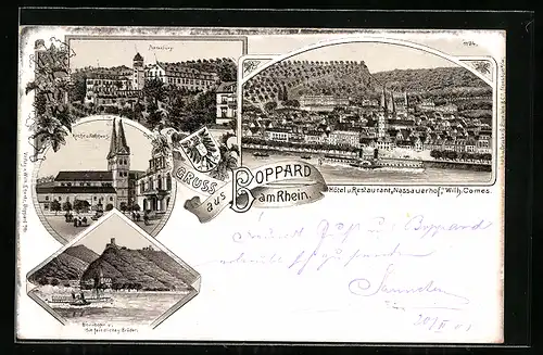 Lithographie Boppard a. Rhein, Hotel Nassauerhof und Dampfer, Kirche und Rathaus