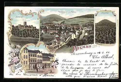 Lithographie Adenau, Strassenpartie mit Hotel zur Krone, Nürburg, Hohe Acht