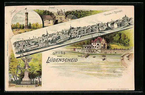 Lithographie Lüdenscheid, Neuenhof, Gasthaus am Ufer, Panorama