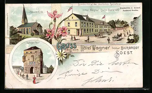Lithographie Soest, Hotel Wagner, früher Bierbrodt, Thoma-Kirche, Osthofen-Thor