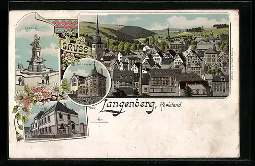 Lithographie Langenberg i. Rhld., Gesamtansicht, Denkmal und Bade-Anstalt
