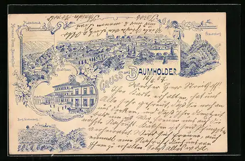 Lithographie Baumholder, Stadthaus, Frauenburg, Ortsansicht