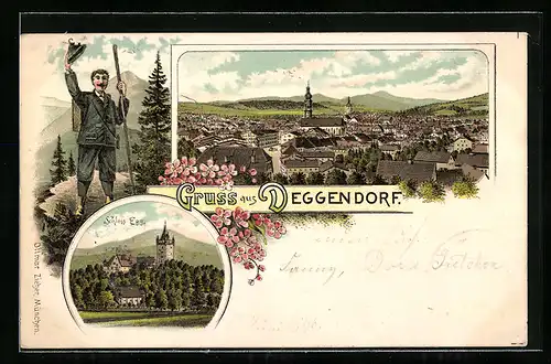 Lithographie Deggendorf, Schloss Egg, Wanderer, Teilansicht aus der Vogelschau
