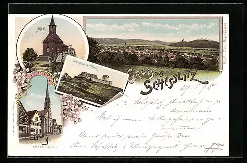 Lithographie Schesslitz, Marienkapelle, Burgruine Giech und Gügel