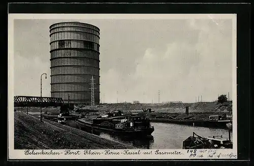 AK Gelsenkirchen-Horst, Rhein-Herne-Kanal mit Gasometer