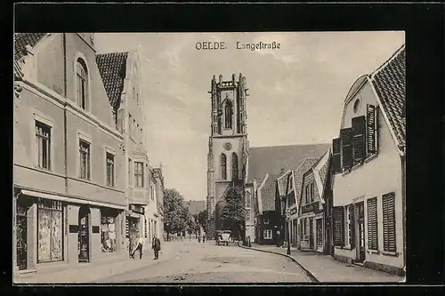 AK Oelde, Langestrasse mit Geschäften und Kirche