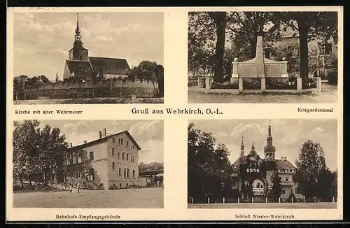 AK Wehrkirch, Bahnhof-Empfangsgebäude, Schloss Nieder-Wehrkirch, Kriegerdenkmal