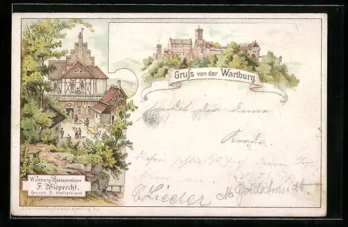 Vorläufer-Lithographie Eisenach, 1895, Gasthaus Wartburg-Restauration F. Wieprecht mit Hof, Wartburg