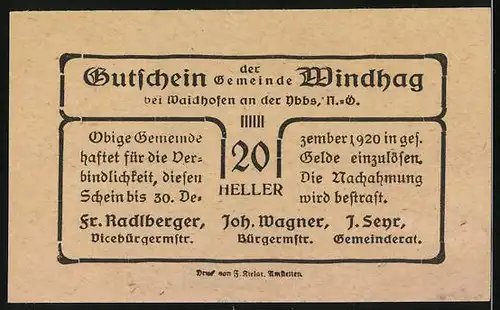 Notgeld Windhag bei Waidhofen / Ybbs 1920, 20 Heller, Ortsansicht mit Kirche