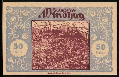 Notgeld Windhag bei Waidhofen / Ybbs 1920, 50 Heller, Ortsansicht mit Kirche