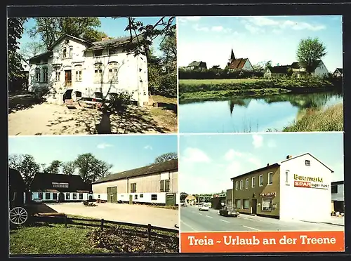 AK Treia /Krs. Schlewig-Flensburg, Sparkasse, Uferpartie mit Kirche, Gebäudeansicht