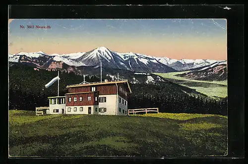 AK Neureuth-Haus, Berghütte von Josef Feldmayer mit Panorama