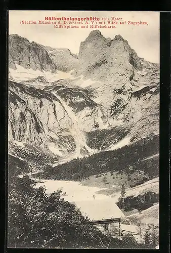 AK Höllenthalangerhütte mit Blick auf Zugspitze, Riffelspitzen und Riffelscharte