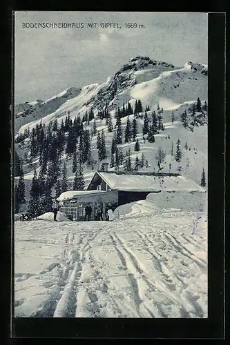 AK Bodenschneidhaus, Berghütte mit Gipfel im Schnee
