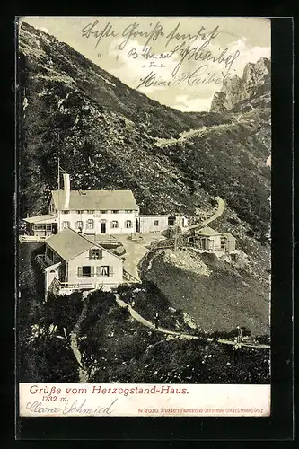 AK Herzogstand-Haus, Berghütte mit Panorama