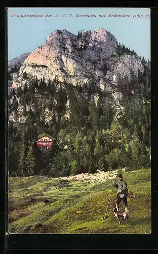 AK Brünnsteinhaus mit Brünnstein, Jäger mit Gewehr und Hund