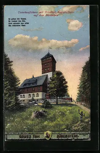 AK Bärenstein / Erzgeb., Unterkunftshaus mit Friedrich August-Turm