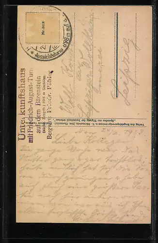 AK Bärenstein / Erzgeb., Unterkunftshaus mit Friedrich August-Turm