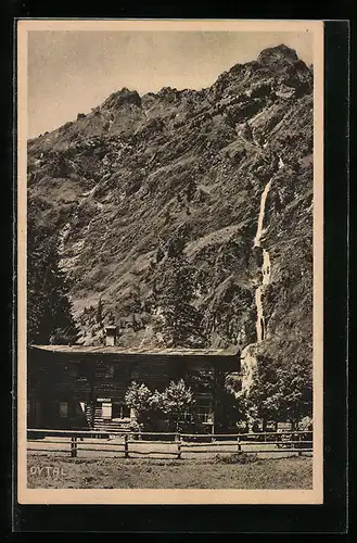 AK Oytalhaus, Berghütte mit Seekopf und Seebachwasserfall, Allgäuer Alpen