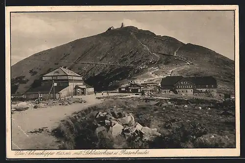 AK Riesenbaude, Ansicht mit Schneekoppe und Schlesierhaus