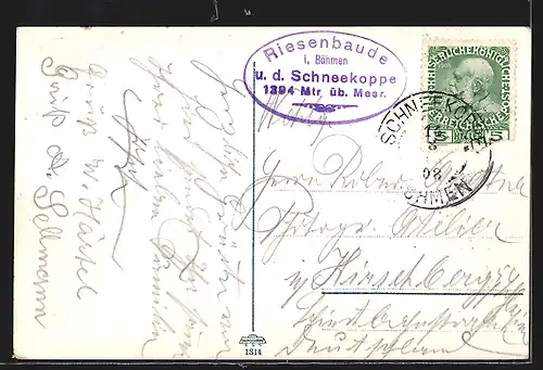 AK Riesenbaude, Gebäude mit Schneekoppe