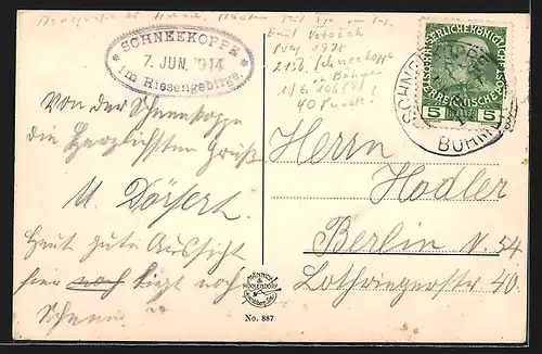 AK Riesenbaude, Ansicht mit Umgebung und Schneekoppe