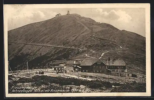 AK Riesenbaude, Schneekoppe mit Baude