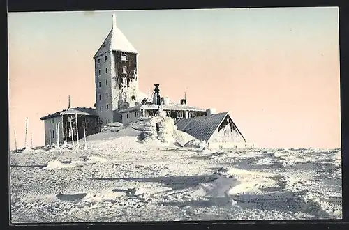 AK Schneegrubenbaude, Winter-Ansicht der Baude