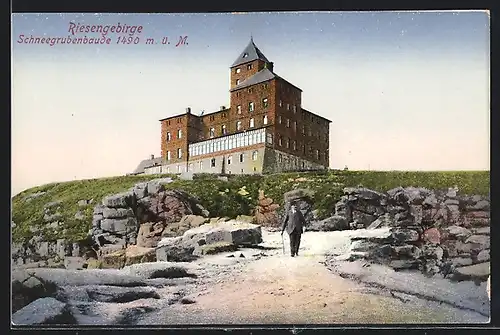 AK Schneegruben-Baude im Riesengebirge und Wanderer