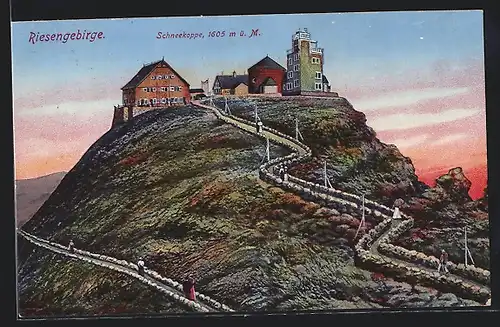 AK Schneekoppenhäuser im Abendrot