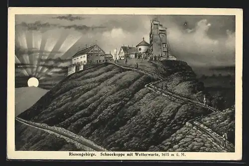 Künstler-AK Schneekoppenhäuser im Riesengebirge, Wetterwarte bei Sonnenaufgang