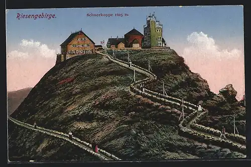 AK Schneekoppenhäuser im Abendrot