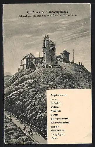 AK Schneekoppenhäuser und Wetterwarte im Riesengebirge, Wanderer erreichen ihr Ziel bei Sonnenaufgang