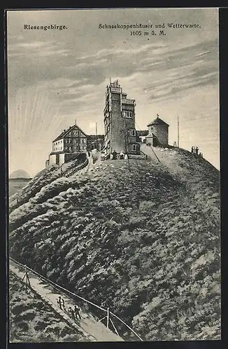 AK Schneekoppenhäuser mit Wetterwarte im Riesengebirge, Wanderung bei Sonnenaufgang