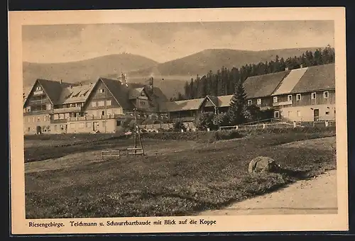 AK Schnurrbart- und Teichmannbaude mit Blick auf die Koppe