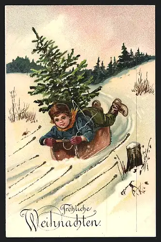 AK Weihnachtsgruss, Rasante Schlittenfahrt mit Tannenbaum